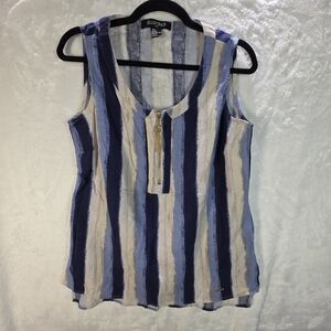 Ellen Tracy Linen Blue & Cream Striped Sleeveless Zip Tank Size Medium